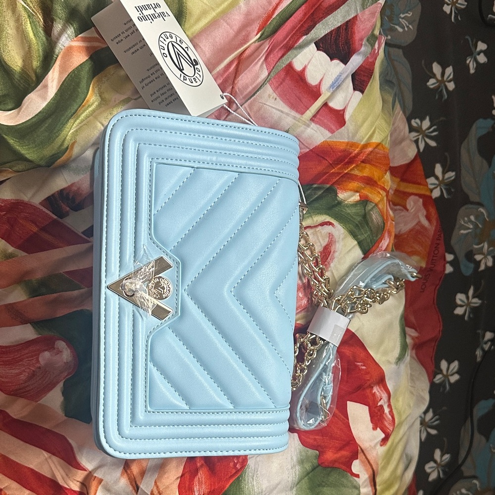 Valentino Orlandi Quilted Light Blue Crossbody Bag with Chain Strap